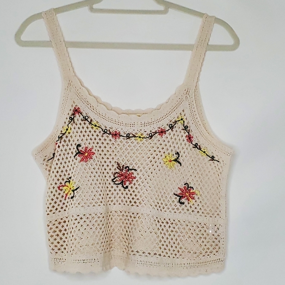 Crochet Embroidered Tank Top Cropped L Scoop Neck Boho Festival Open Weave Y2K